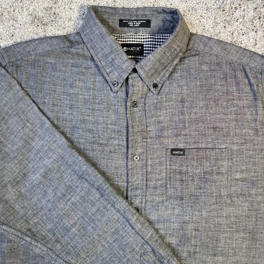 Matix Shirt Mens L Gray Kincaid Slim Fit Chambray Button Pocket Cotton